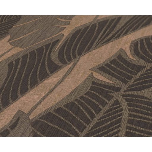 Szemet gyönyörködtető trópusi illusztráció - pálmalevelek 3D mintája bézses rózsaszín barna szürke és arany fémes hatás tapéta