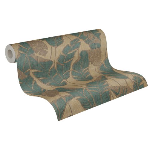 Szemet gyönyörködtető trópusi illusztráció - pálmalevelek 3D mintája bézs aranybarna zöld és arany fémes hatás tapéta