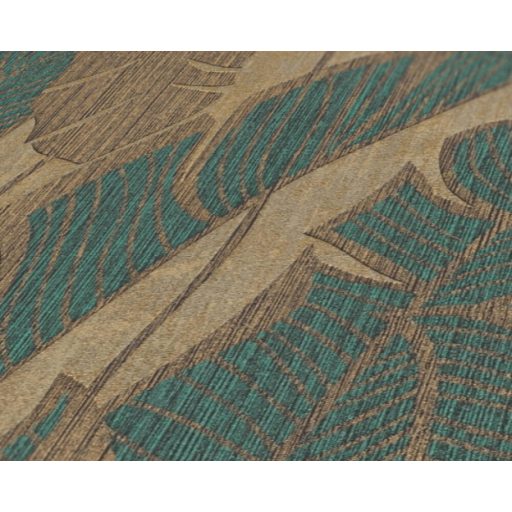 Szemet gyönyörködtető trópusi illusztráció - pálmalevelek 3D mintája bézs aranybarna zöld és arany fémes hatás tapéta