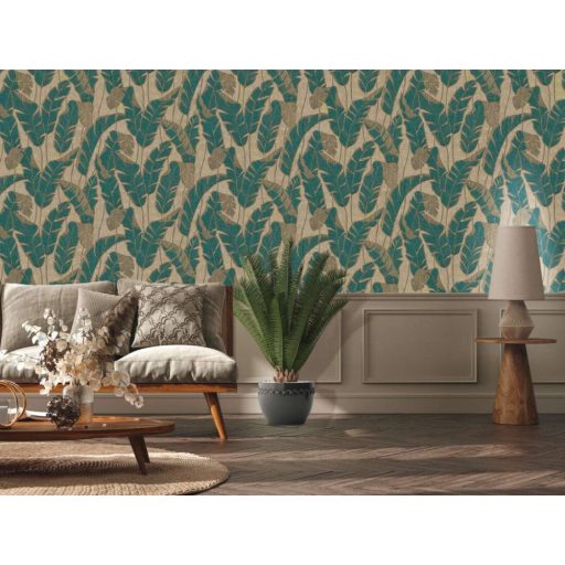 Szemet gyönyörködtető trópusi illusztráció - pálmalevelek 3D mintája bézs aranybarna zöld és arany fémes hatás tapéta