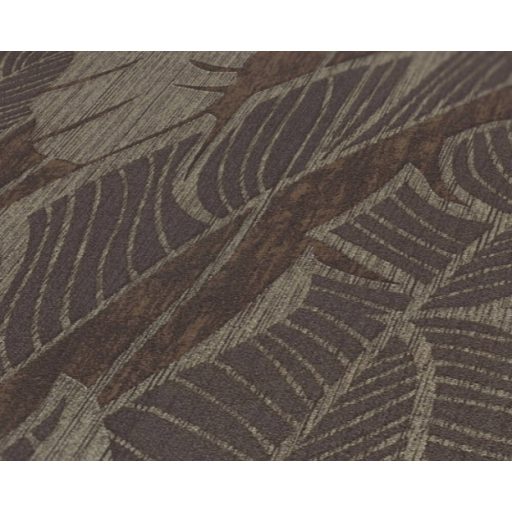 Szemet gyönyörködtető trópusi illusztráció - pálmalevelek 3D mintája sötétbarna szürke szürkésbarna és arany fémes hatás tapéta