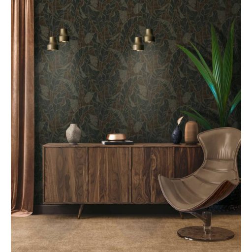 Szemet gyönyörködtető trópusi illusztráció - pálmalevelek 3D mintája sötétbarna szürke szürkésbarna és arany fémes hatás tapéta