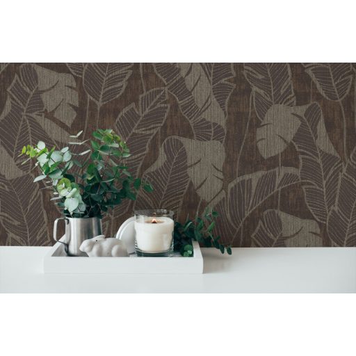 Szemet gyönyörködtető trópusi illusztráció - pálmalevelek 3D mintája sötétbarna szürke szürkésbarna és arany fémes hatás tapéta