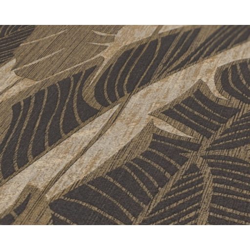 Szemet gyönyörködtető trópusi illusztráció - pálmalevelek 3D mintája bézs barna sötétbarna/antracit és arany fémes hatás tapéta