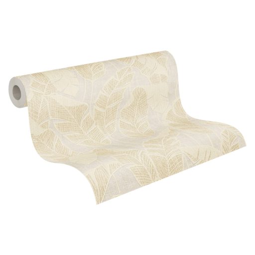 Szemet gyönyörködtető trópusi illusztráció - pálmalevelek 3D mintája szürke krémszín és arany fémes hatás tapéta