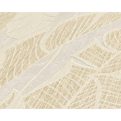 Szemet gyönyörködtető trópusi illusztráció - pálmalevelek 3D mintája szürke krémszín és arany fémes hatás tapéta