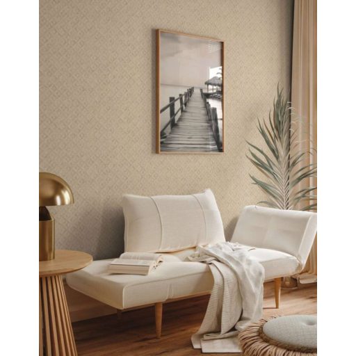 Fémes hatású kiemeléssel díszített texturált grafikus rombuszminta bézs barna és arany tónus tapéta