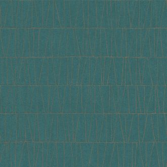   Fémes vonalakkal kialakított grafikus mozaikminta petrolzöld és rézszín tónus fémes hatás tapéta