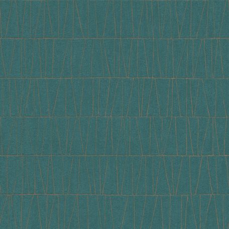 Fémes vonalakkal kialakított grafikus mozaikminta petrolzöld és rézszín tónus fémes hatás tapéta
