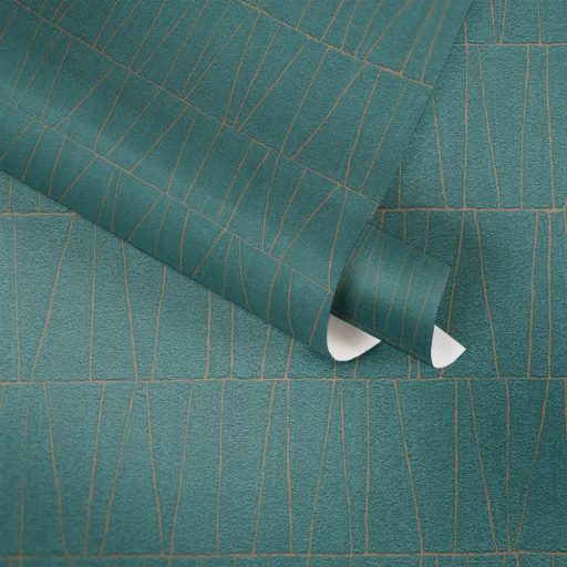 Fémes vonalakkal kialakított grafikus mozaikminta petrolzöld és rézszín tónus fémes hatás tapéta