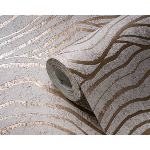 Top design! Absztrakt és egzotikus fémes 3D hullámminta beton háttéren bézs szürkésbézs és arany tónus fémes hatás 