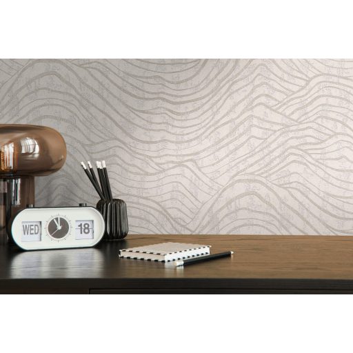 Top design! Absztrakt és egzotikus fémes 3D hullámminta beton háttéren krémszín és gyöngyház tónus fémes hatás