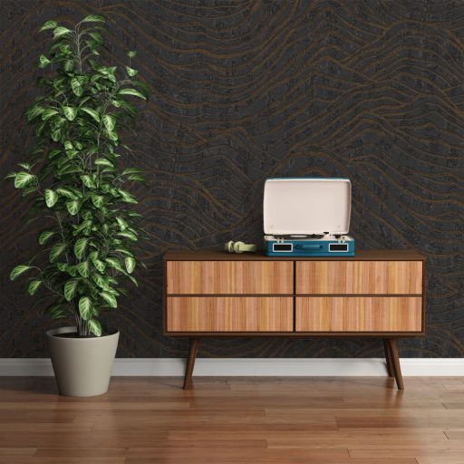 Top design! Absztrakt és egzotikus fémes 3D hullámminta beton háttéren sötétszürke/antracit fekete és arany tónus fémes hatás