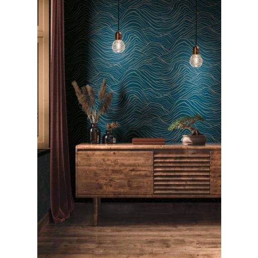 Top design! Absztrakt és egzotikus fémes 3D hullámminta beton háttéren sötétkék és arany tónus fémes hatás