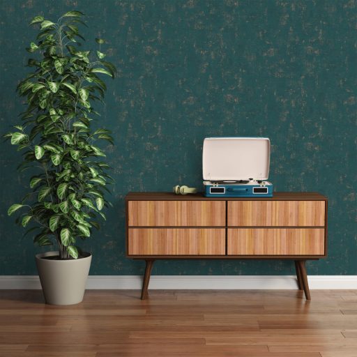 Kopott beton/vakolat hatású minta fémes kiemelésekkel petrolzöld és rézszín tónus fémes hatás tapéta