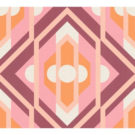 Fantáziadús retro minta csíkokkal és körökkel díszítve/megbolondítva fehér bézs rózsaszín lila és narancs tónusok tapéta