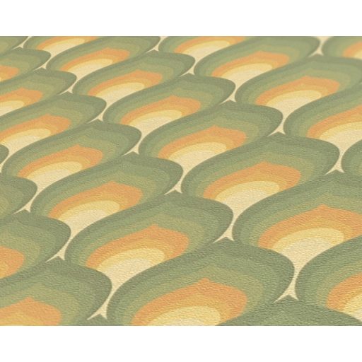 Pikkelyekre emlékeztető grafikus 3D retro minta Art Deco érzéssel bézs okkersárga zöld olív és sötétzöld és narancs tónus tapéta