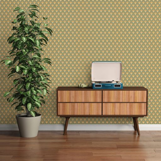 Pikkelyekre emlékeztető grafikus 3D retro minta Art Deco érzéssel bézs okkersárga zöld olív és sötétzöld és narancs tónus tapéta