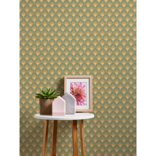 Pikkelyekre emlékeztető grafikus 3D retro minta Art Deco érzéssel bézs okkersárga zöld olív és sötétzöld és narancs tónus tapéta