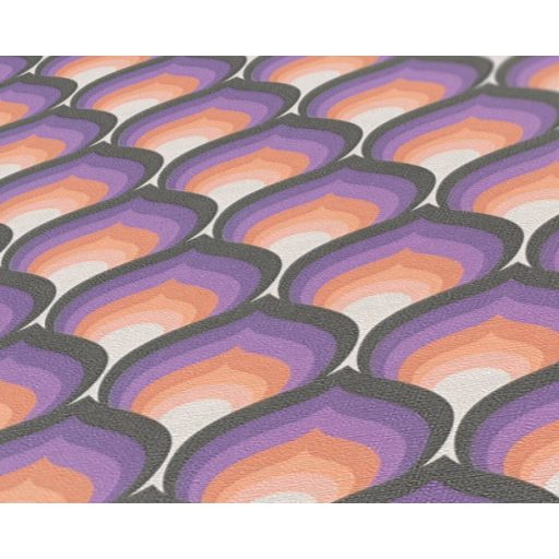 Pikkelyekre emlékeztető grafikus 3D retro minta Art Deco érzéssel fehér rózsaszín narancs lila és fekete tónus tapéta