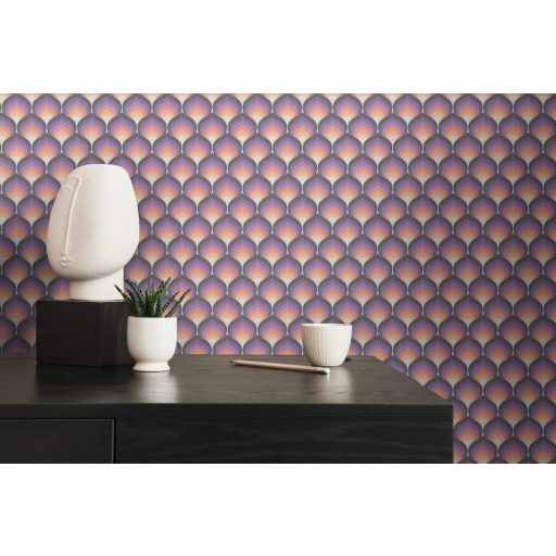 Pikkelyekre emlékeztető grafikus 3D retro minta Art Deco érzéssel fehér rózsaszín narancs lila és fekete tónus tapéta