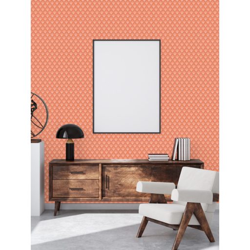 Pikkelyekre emlékeztető grafikus 3D retro minta Art Deco érzéssel narancs rózsaszín/barack és piros tónus tapéta