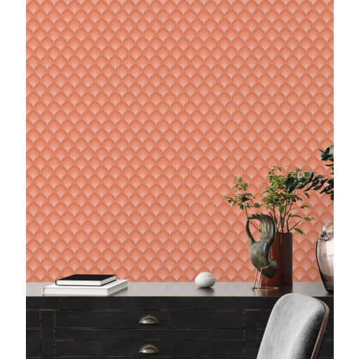 Pikkelyekre emlékeztető grafikus 3D retro minta Art Deco érzéssel narancs rózsaszín/barack és piros tónus tapéta