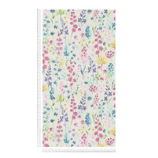 Színes és vidám vadvirágok akvarell megjelenésben fehér rózsaszín kék és sokszínű tónus tapéta