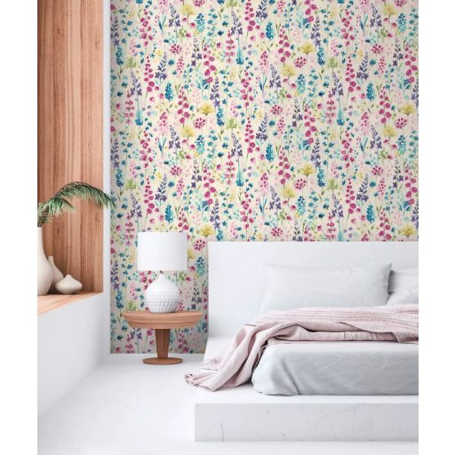 Színes és vidám vadvirágok akvarell megjelenésben fehér rózsaszín kék és sokszínű tónus tapéta