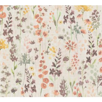   Színes és vidám vadvirágok akvarell megjelenésben krém bézs sárga barna zöld és narancs tónus tapéta