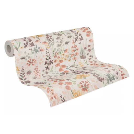 Színes és vidám vadvirágok akvarell megjelenésben krém bézs sárga barna zöld és narancs tónus tapéta