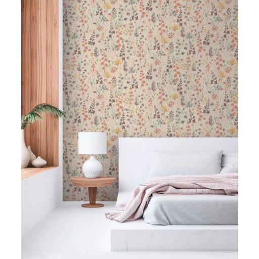 Színes és vidám vadvirágok akvarell megjelenésben krém bézs sárga barna zöld és narancs tónus tapéta