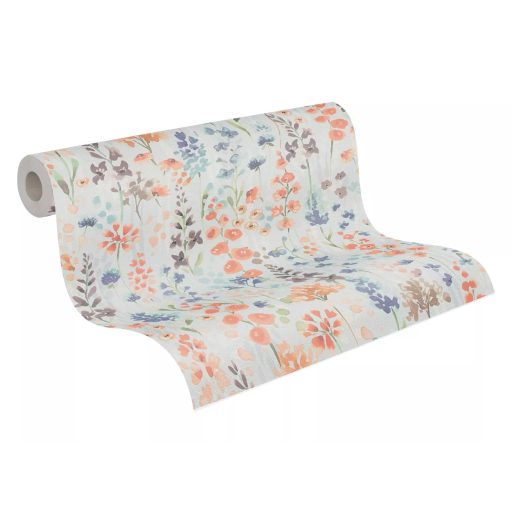 Színes és vidám vadvirágok akvarell megjelenésben krémfehér szürke narancs és sokszínű tónus tapéta