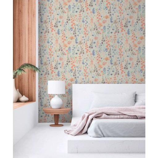 Színes és vidám vadvirágok akvarell megjelenésben krémfehér szürke narancs és sokszínű tónus tapéta