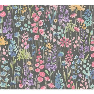   Színes és vidám vadvirágok akvarell megjelenésben fekete rózsaszín zöld és sokszínű tónus tapéta