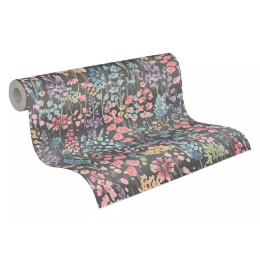 Színes és vidám vadvirágok akvarell megjelenésben fekete rózsaszín zöld és sokszínű tónus tapéta