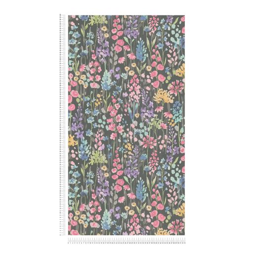 Színes és vidám vadvirágok akvarell megjelenésben fekete rózsaszín zöld és sokszínű tónus tapéta