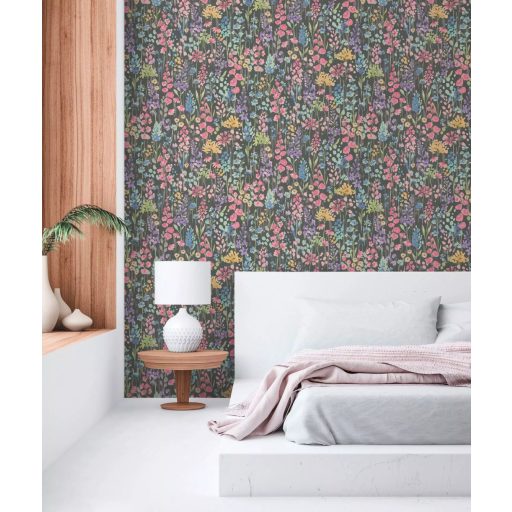 Színes és vidám vadvirágok akvarell megjelenésben fekete rózsaszín zöld és sokszínű tónus tapéta