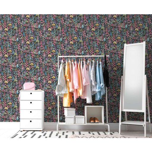 Színes és vidám vadvirágok akvarell megjelenésben fekete rózsaszín zöld és sokszínű tónus tapéta