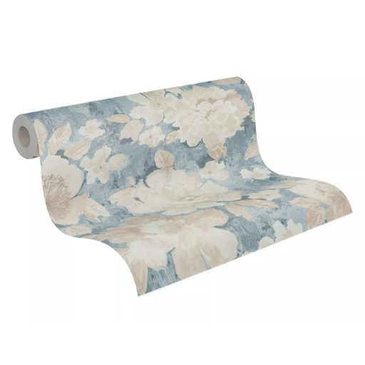 Páratlan virágzás szépséges szirmokkal foltszerű akvarell stílusban krém bézs sárga kék és szürkéskék tónus tapéta