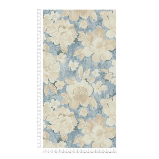 Páratlan virágzás szépséges szirmokkal foltszerű akvarell stílusban krém bézs sárga kék és szürkéskék tónus tapéta