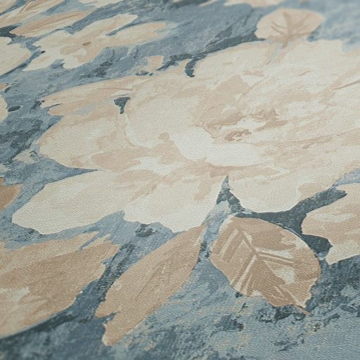 Páratlan virágzás szépséges szirmokkal foltszerű akvarell stílusban krém bézs sárga kék és szürkéskék tónus tapéta