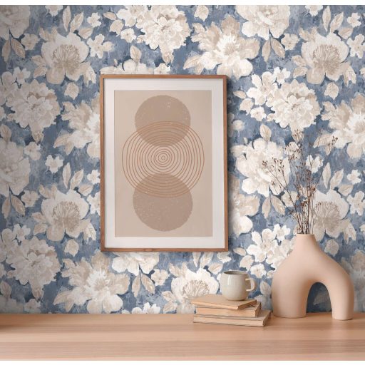 Páratlan virágzás szépséges szirmokkal foltszerű akvarell stílusban krém bézs sárga kék és szürkéskék tónus tapéta