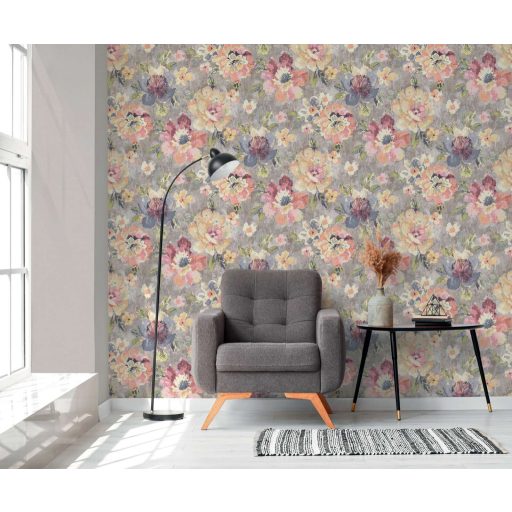 Páratlan virágzás szépséges szirmokkal foltszerű akvarell stílusban sárga kék rózsaszín és sokszínű tónus tapéta