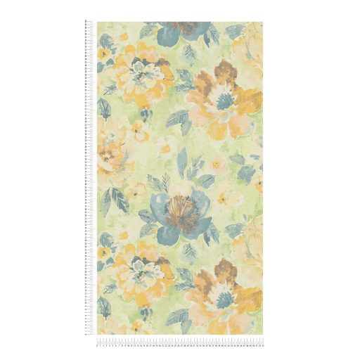 Páratlan virágzás szépséges szirmokkal foltszerű akvarell stílusban sárga kék zöld és sokszínű tónus tapéta