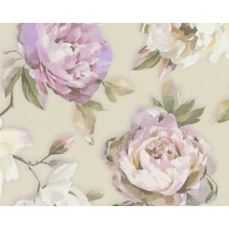   Álomszép nagyméretű akvarell virág (rózsa) motívum krém bézs zöld rózsaszín fehér és lila tónus tapéta