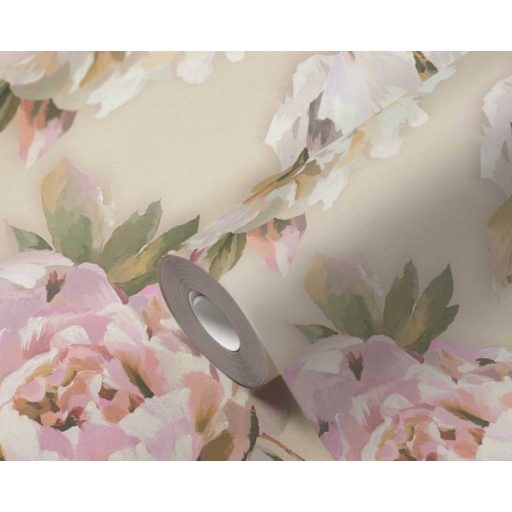Álomszép nagyméretű akvarell virág (rózsa) motívum krém bézs zöld rózsaszín fehér és lila tónus tapéta