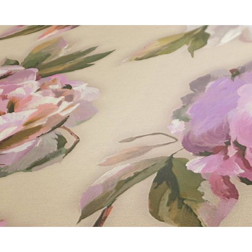 Álomszép nagyméretű akvarell virág (rózsa) motívum krém bézs zöld rózsaszín fehér és lila tónus tapéta