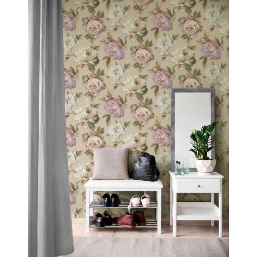 Álomszép nagyméretű akvarell virág (rózsa) motívum krém bézs zöld rózsaszín fehér és lila tónus tapéta