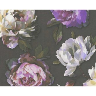   Álomszép nagyméretű akvarell virág (rózsa) motívum fekete zöld fehér és lila tónus tapéta